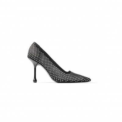 JIMMY CHOO IXIA 95 BLACK SATIN CRYSTAL MESH PUMPS IXIA95QHS